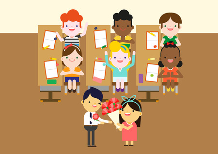 Children giving carnation to teacher, vector illustration.のイラスト素材