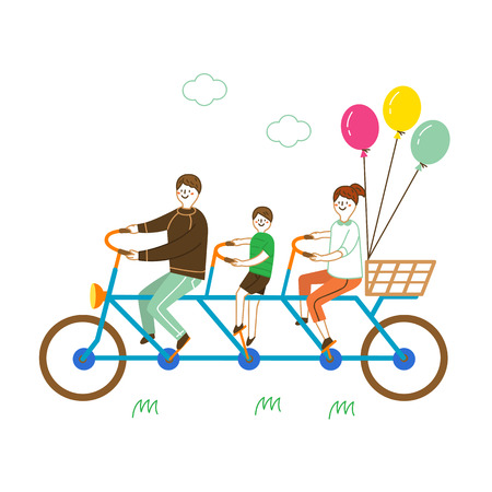 Happy family driving bicycle, vector illustration.のイラスト素材