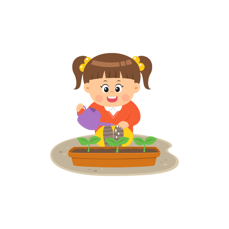 Cute girl watering sprout, vector illustration.のイラスト素材