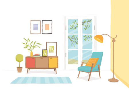 Modern living room with furniture, vector illustration.のイラスト素材