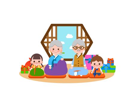 Large family in Korea tradition clothing, vector illustration.のイラスト素材