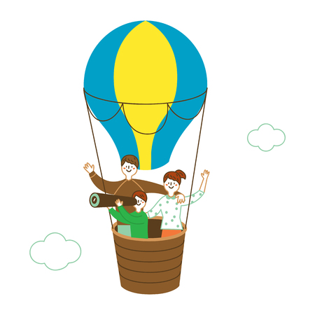 Happy family riding on hot air balloon, vector illustration.のイラスト素材