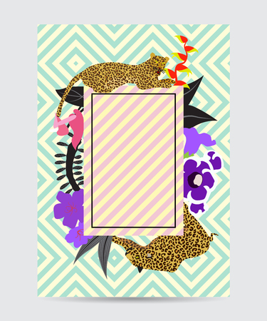 Tropical black template with animal, flower vector illustration.のイラスト素材