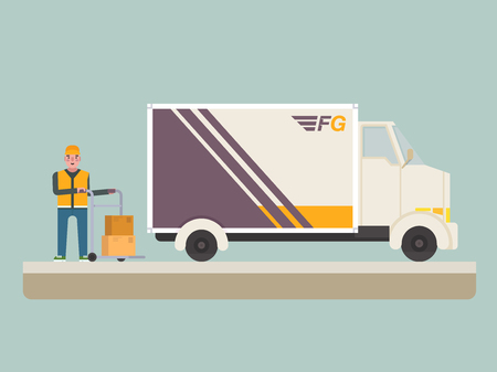 Delivery man and truck set flat design, vector illustration.のイラスト素材
