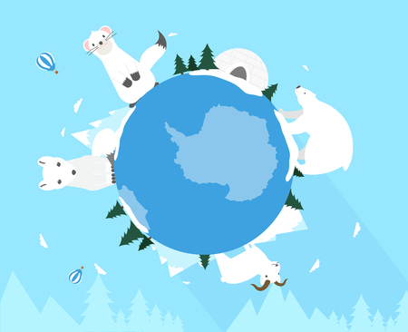 North pole animals on globe, vector illustration.のイラスト素材