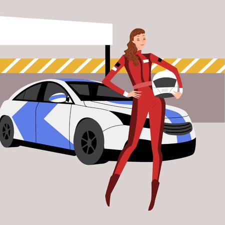 Female racing driver standing with helmet, vector illustration.のイラスト素材