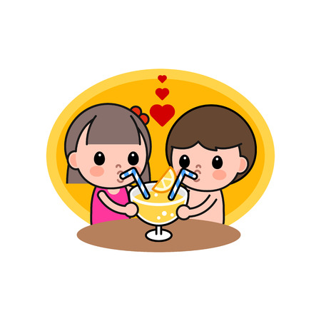 Children drinking cocktail on beach, vector illustration.のイラスト素材