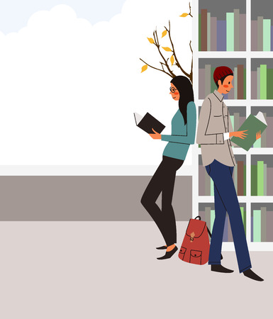 Couple reading book in library, vector illustration.のイラスト素材