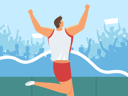Athlete running at final line on people silhouette, vector illustration.のイラスト素材