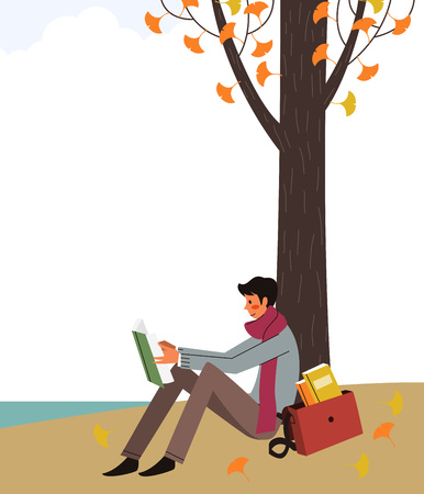 Man reading book while leaning on tree, vector illustration.のイラスト素材