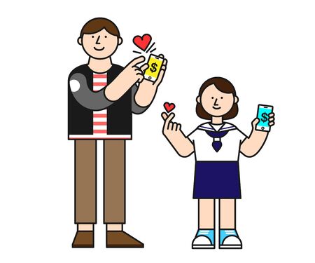 Couple paying through smartphone, vector illustration.のイラスト素材