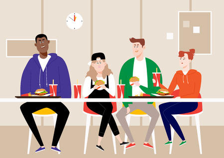 Multiracial students eating hamburger, vector illustration.のイラスト素材