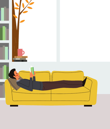 Man reading book on sofa bed, vector illustration.のイラスト素材