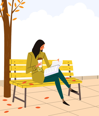 Woman reading book on bench, vector illustration.のイラスト素材