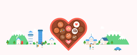 Chocolate gift with village and peopleのイラスト素材