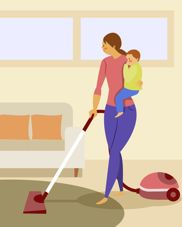 Mother cleaning with vacuum with babyのイラスト素材