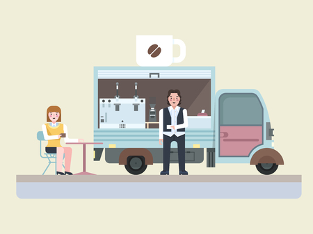 Cafe food truck set flat design, vector illustration.のイラスト素材