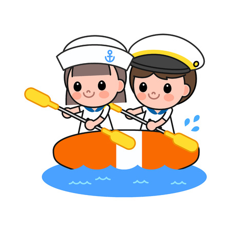 Children in voyage costume playing on boat, vector illustration.のイラスト素材