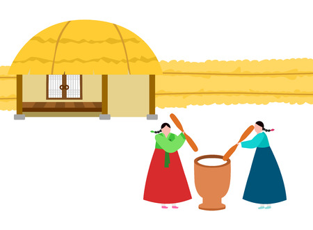 People in Korea traditional clothing making rice cake.のイラスト素材