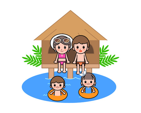 Happy family enjoying at beach, vector illustration.のイラスト素材