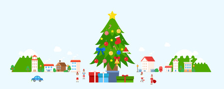 Christmas tree with village and peopleのイラスト素材