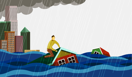 Flooded city with Man on partially submerged houseのイラスト素材