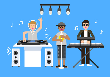 Hip-hop musical group performing on blue background.のイラスト素材