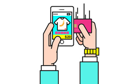 Hand purchasing shoes through smartphone, vector illustration.のイラスト素材