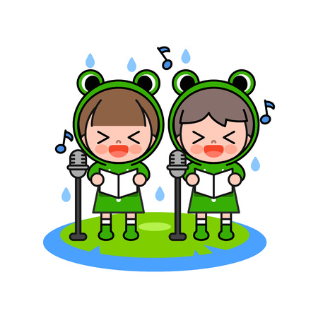 Children in frog costume singing, vector illustration.のイラスト素材