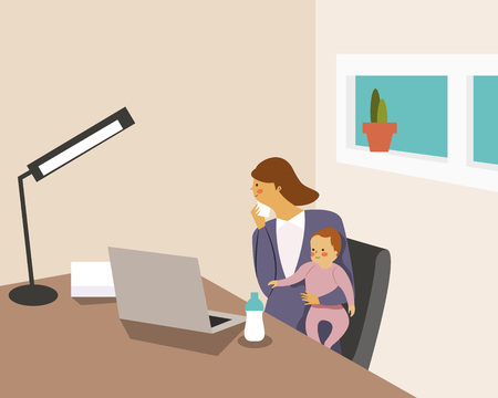 Mother working while taking care of babyのイラスト素材