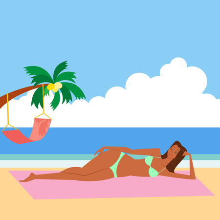 Woman enjoying at beach, vector illustration.のイラスト素材