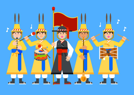 Korea traditional musical group performing on blue background.のイラスト素材