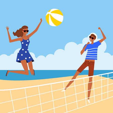 Couple playing volley ball, vector illustration.のイラスト素材