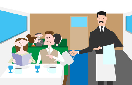 Waiter serving the table in restaurant, vector illustration.のイラスト素材