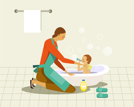Mother washing baby in the bathのイラスト素材