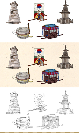 Set of vintage Korea tradition musical instrument monochromatic and colored iconのイラスト素材