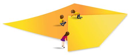 Tiny people folding yellow paper