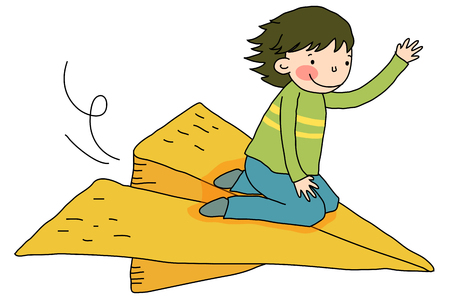 Boy riding on paper airplaneのイラスト素材