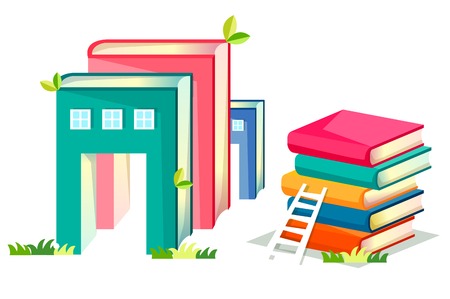 Book shaped buildings and stacked books with a ladder on themのイラスト素材