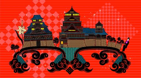 Japan architecture with abstract curve decorationのイラスト素材