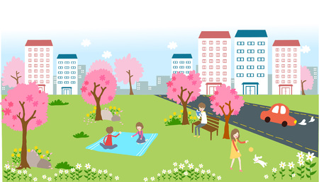 People enjoying at park with building city backgroundのイラスト素材