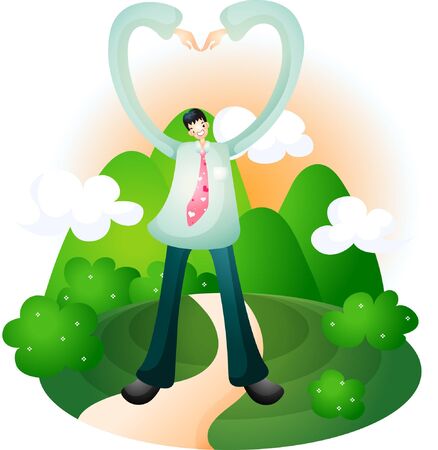 Man making heart with arm on mountain backgroundのイラスト素材