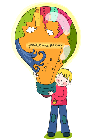 Boy holding city building on the bulbのイラスト素材