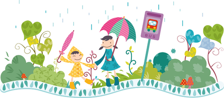 Children enjoying rainy dayのイラスト素材