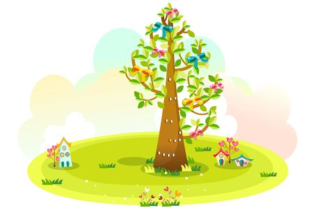 Houses and trees on the green hillのイラスト素材