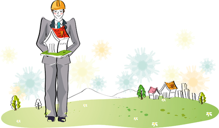 Architecture engineer holding miniature houseのイラスト素材