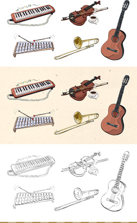 Set of vintage musical instrument monochromatic and colored iconのイラスト素材