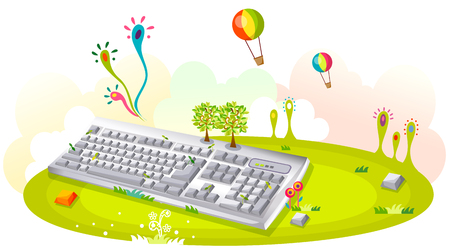 Giant keyboard lying on the green field and hot air balloons flying in the skyのイラスト素材