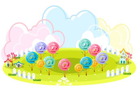 At sign shaped trees on the green hillのイラスト素材