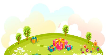 Gift boxes on the green hillのイラスト素材